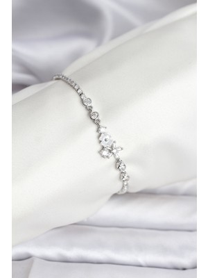 Ett Çiçekli Model Zirkon Taşlı Gümüş Renk Su Yolu Kadın Bileklik