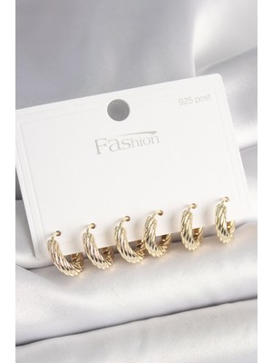 Ett 925 Ayar Gümüş Çivi Pirinç Gold Renk Işlemeli Halka Model Kadın Küpe Seti