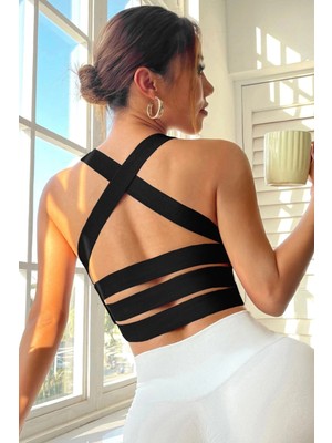MTM My The Mall Giyim Kadın Siyah Sırtı Çapraz Lastik Detaylı Crop Top Bluz