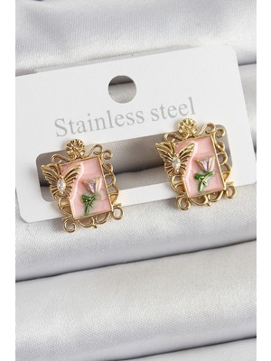 Ett Pirinç Pembe Mineli Sanatsal Portre Model Gold Renk Kadın Küpe