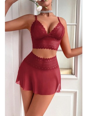 MTM My The Mall Giyim Kadın Bordo Dantel ve Tül Detaylı Etekli Şık Gecelik Takımı