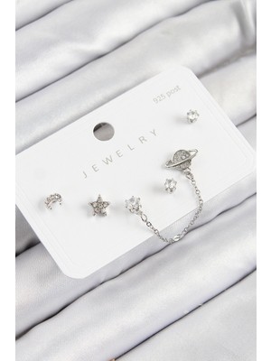 Ett Pirinç Zirkon Taşlı Yıldız ve Gezegen Model Gümüş Renk 925 Ayar Gümüş Çivi Kadın Küpe Set