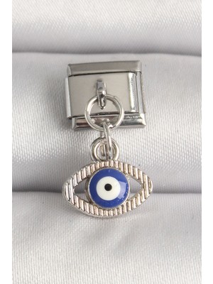 Ett 316L Çelik Gümüş Renk Nazar Boncuk Detaylı Göz Model Nomination Charm