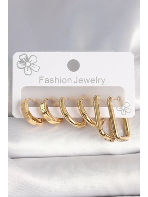 Ett 316L Çelik Gold Renk Kare Halka Model Kadın Küpe Seti
