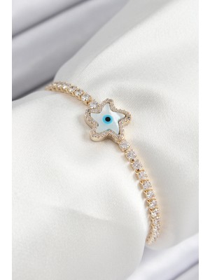 Ett Pirinç Zirkon Taşlı Nazar Yıldız Model Gold Renk Asansörlü Kadın Bileklik