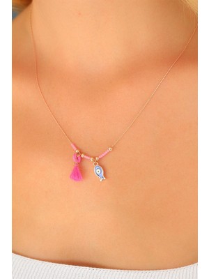 Ett Nazar Boncuklu Pembe Renk Taşlı Rose Bayan Kolye