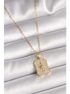 Ett 316L Çelik Gold Renk Zincir Zirkon Taşlı Kutup Yıldız Işlemeli Madalyon Model Kadın Kolye