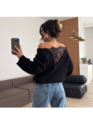 Gökyüzü Moda Kadın Sırtı Dantel Transparan Detay Triko Kazak