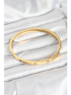 Ett 316L Çelik Gold Renk Zirkon Taşlı 65 mm Kadın Kelepçe Bileklik