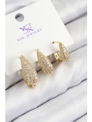 Ett Pirinç Zirkon Taşlı 3'lü Damla Model Gold Renk Kadın Küpe
