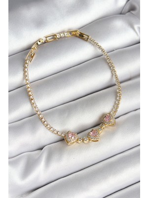 Ett Pirinç Sıralı Pembe Kalp Figürlü Zirkon Taşlı Gold Renk Kadın Bileklik