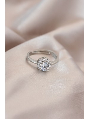 Ett Ayarlamalı Gümüş Renk Metal Zirkon ve Kristal Taşlı Oval Model Yüzük