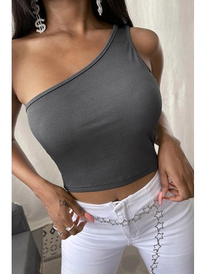 MTM My The Mall Giyim Kadın Koyu Gri Tek Omuz Crop Büstiyer