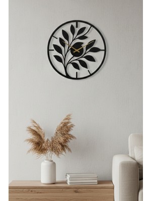 Grandmix Metal Tasarım Yaprak Desenli Dekoratif Duvar Saati Siyah Metal Saat 35X45 cm