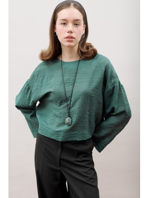 Manuka Yuvarlak Yaka Crop Bluz Yeşil