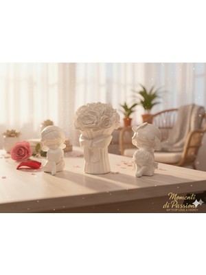 Sevimli Çift Heykel & Gül Buketi Seti – Beyaz Renk ,taş Tozu, Dekoratif Ev & Ofis Aksesuarı, Romantik Hediye