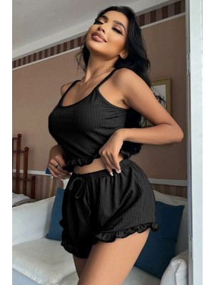 MTM My The Mall Giyim Siyah Mini Arkası Çapraz Ipli Şortlu Pijamatakımı