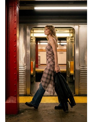 DeFacto V Yaka Kareli Tül Askılı Midi Elbise G7874AX26SP