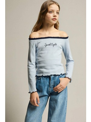 DeFacto Carmen Yaka Slogan Baskılı Uzun Kollu Tişört Kız Çocuk G6830A826SP