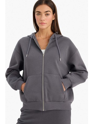DeFacto Relax Fit Kapüşonlu Cepli Basic Fermuarlı Sweatshirt C1809AX26SP