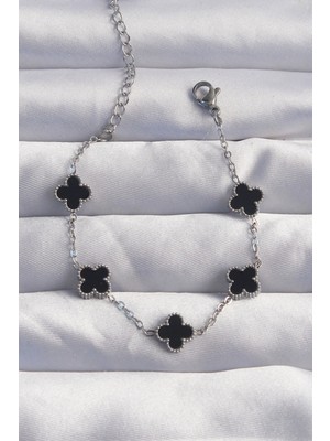 Erbilden Erb 316L Çelik Baby Boy Gümüş Renk Siyah Mineli Yonca Bileklik