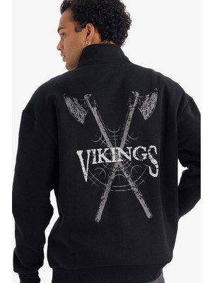 DeFacto Vıkıngs Valhalla Boxy Fit Dik Yaka Baskılı Sweatshirt F8152AX26SP