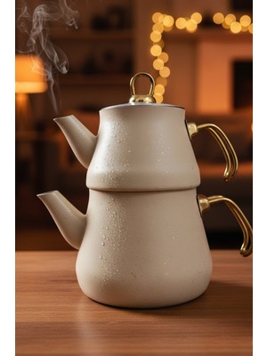 PremiumPort Krem Renkli Granit Kaplama Cam Kapaklı Çaydanlık, 2,3 Litre, Şık ve Dayanıklı