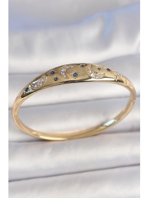 Erbilden Erb Pirinç Gold Renk Zirkon Taşlı Hilal İşleme Mavi Taşlı Yıldız Detay Kadın Kelepçe