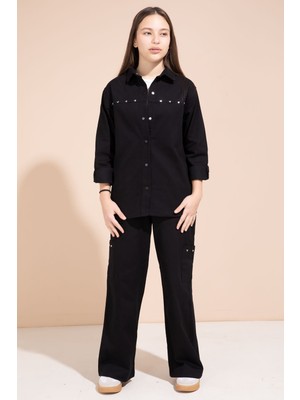 Cansın Mini Siyah Kalp Işlemeli Gömlekli Geniş Paça Pantolonlu Kız Çocuk Gabardin Takım 23551