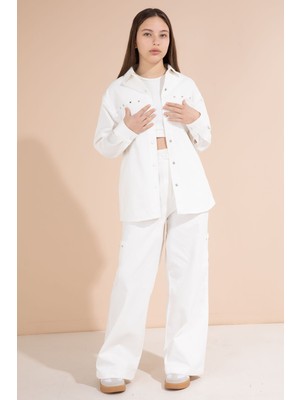 Cansın Mini Beyaz Kalp Işlemeli Gömlekli Geniş Paça Pantolonlu Kız Çocuk Gabardin Takım 23553