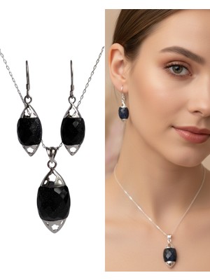 Keskin Gümüş Gümüş Lapis Lazuli Taşlı Damla Tasarım Kolye Küpe Kadın Set Doğum Günü Hediye