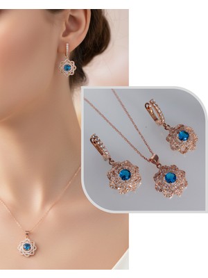 Keskin Gümüş 925 Ayar Gümüş Gold Çiçek Tasarım  Kolye Küpe  Klasik Kadın Set Doğum Günü Hediye Gelin Seti