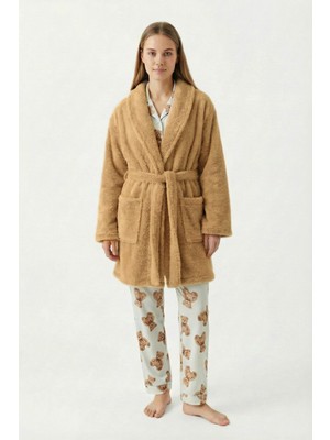 Sevim Şal Yaka Wellsoft Sabahlık & Peluş Bornoz-Yumuşak, Polar Unisex Sabahlık-Karamel