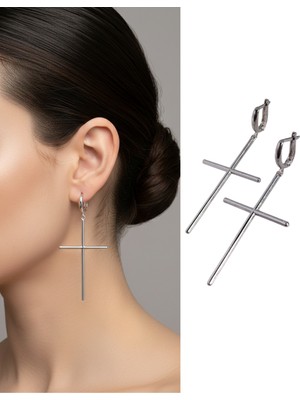 Gümüş Haç Stıck Tasarım Uzun Sallantılı Kadın Küpe Doğum Günü Hediye