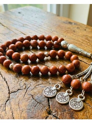 Sufi Tesbih Esans Ve Hediyelik Yıldız Taşı Tesbih (Goldstone) | Simli Kahverengi | Gümüş Kaplama Püsküllü | Hediyelik Doğal Taş
