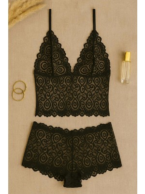 MTM My The Mall Giyim Kadın Siyah Dantel Bralet Şort Takımı – Şık, Zarif ve Feminen Iç Giyim