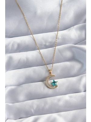 Skygo 316L Çelik Gold Renk Zincir Zirkon Taş Detay Hilal Yıldızı Figür Kadın Kolye - TJ-BKO8029