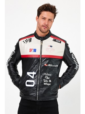 Black Level Oversize Puf Deri Bomber Ceket Rüzgar Geçirmez Baskılı Model