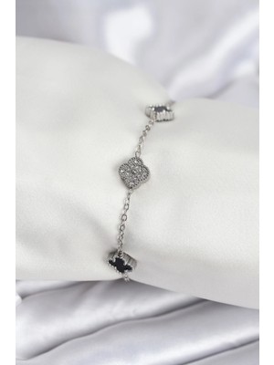 Erbilden Erb 316L Çelik Gümüş Renk Siyah ve Zirkon Taşlı Baby Boy Yonca Kadın Bileklik