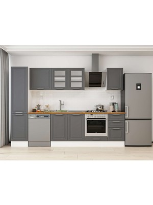 Alvinka 300X210 cm Klasik Mebran Mutfak Dolabı MB-E90B45S45-3 Antrasit - Mdf