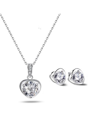 Brezza Lusso Jewelry 925 Ayar Zirkon Taşlı Kalp Kadın Gümüş Kolye Küpe Seti
