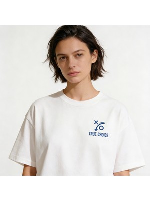 Dune Clothings True Choice Oversize Pamuklu 2 İplik Şardonsuz Baskılı Beyaz T-şhirt