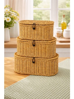 3'lü Dekoratif Oval Hasır Çok Amaçlı Düzenleyici Sepet