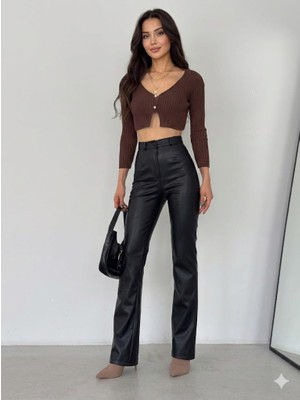 Boom Bester Kadın Siyah Şardonlu Deri Pantolon Yüksek Bel Ispanyol Paça Içi