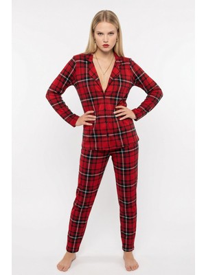 Rays 3414 Kare Desen Düğmeli Pijama Takımı Kırmızı