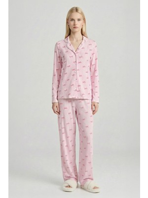 Rays 3412 Fiyonk Desen Düğmeli Pijama Takımı Pembe