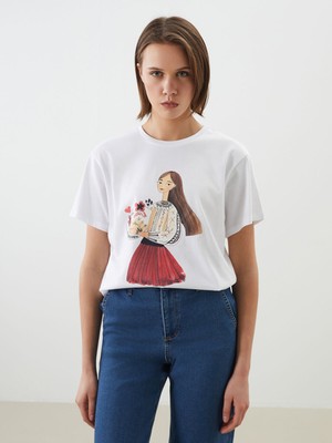 Lc Waikiki Yeni Sezon Bisiklet Yaka Baskılı Kadın Tişört