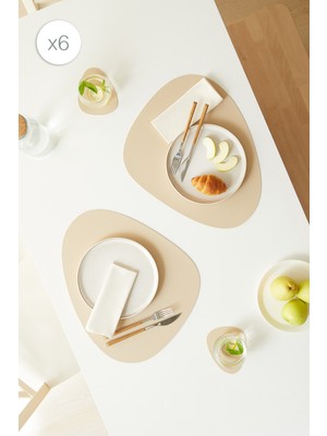 Home Wave 6'lı Bej/taş Renk Suni Deri Amerikan Servis Set 45 x 36 cm