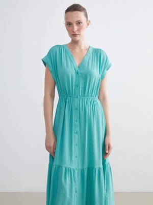 Lc Waikiki Yeni Sezon V Yaka Dokulu Belden Oturtmalı Elbise