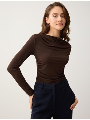 Jimmy Key Acı Kahve Degaje Yaka Uzun Kollu Dar Kesim Örme Bluz